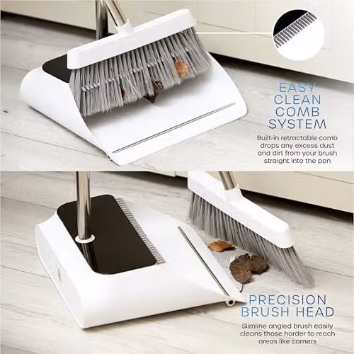 Swan Elevate Long-Handled Dustpan and Brush Set with Angled Feathered Soft Bristles and Built-in Retractable Comb, White – 4