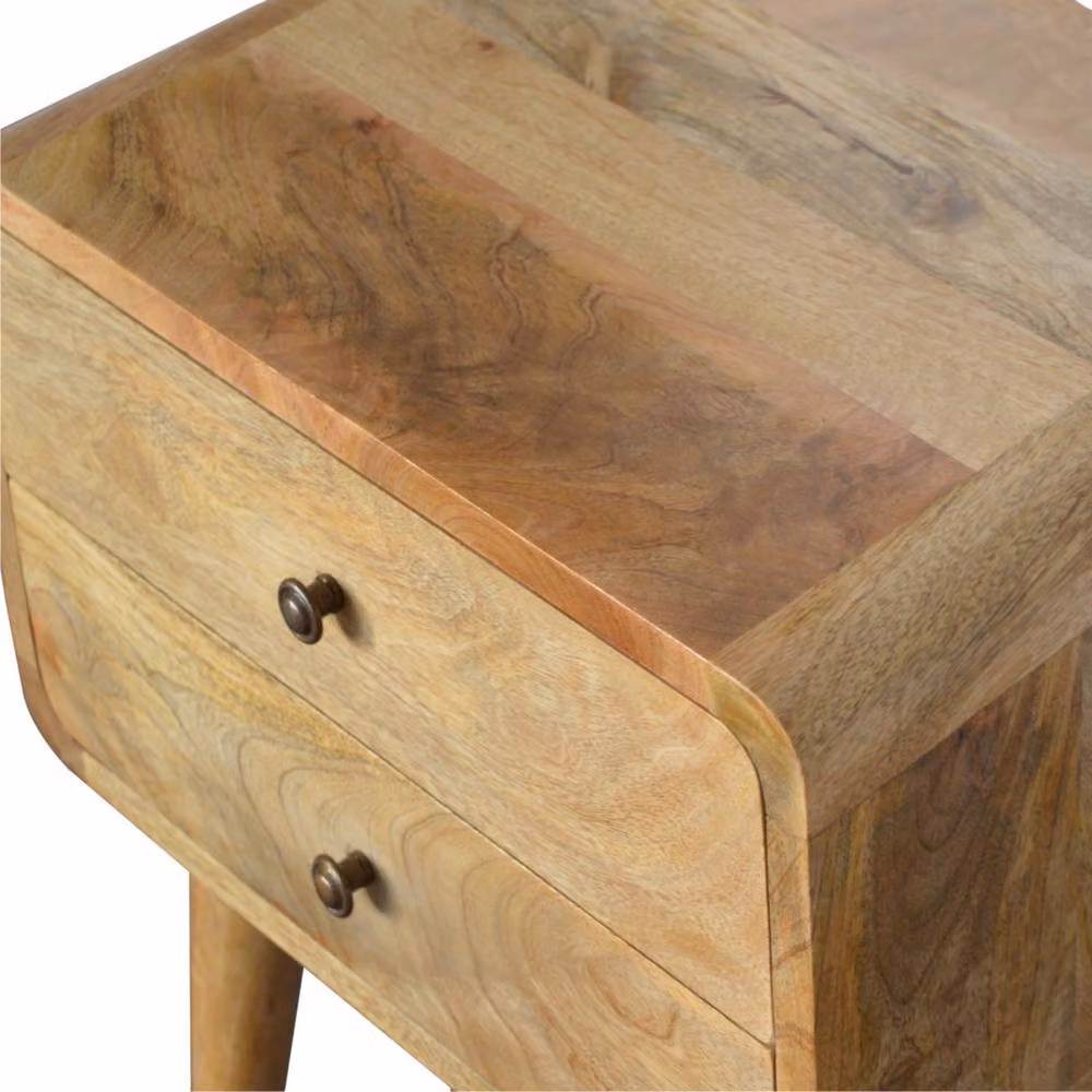 Direct Wicker Solid Wood Curved Oak-ish Bedside Table with 2 Drawers, Beige and Light Brown – 3