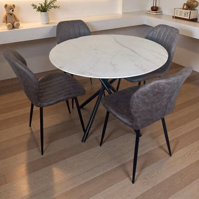 Madefor.living Seattle Round Marble Dining Table with 4 Jaydn Grey Leather Chairs