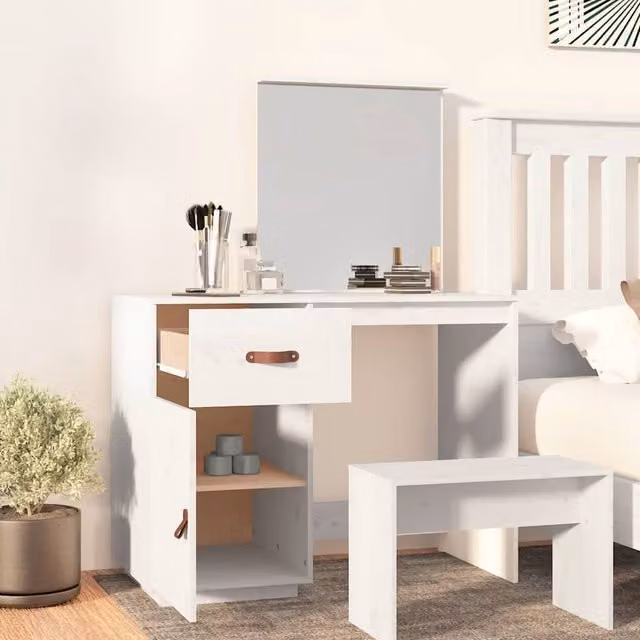 Berkfield Home Beautiful Dressing Table in White Solid Pine, W/D/H: 95 x 50 x 134 cm