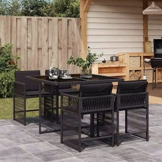 Berkfield Home 5 Piece Black Poly Rattan Garden Dining Set with Glass Top and Cushions