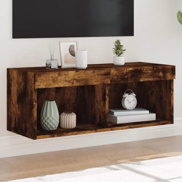 Berkfield Home TV Cabinet with LED Lights in Smoked Oak Brown, W/D/H: 80 x 30 x 30 cm