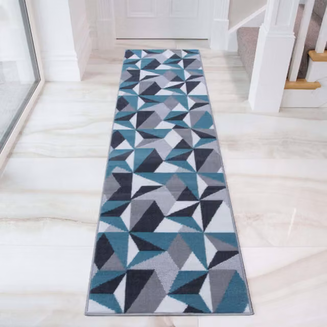 The Rug House Duck Egg Blue and Grey Geometric Diamond Living Room Rug, W: 240 cm, D: 60 cm