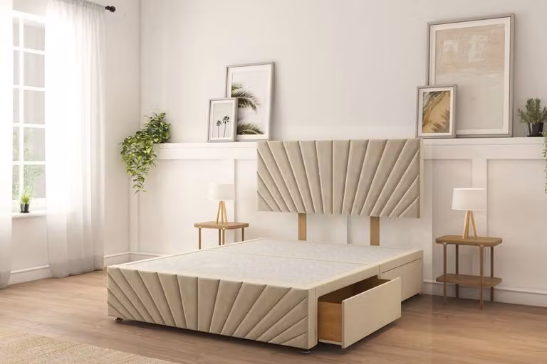 Sloomy Amberley Plush Divan Bed Set with 2 Left-Side Drawers, 26 inch Strutted Headboard and 12 inch Matching Footboard in Beige, King Size W/D/H: 180 x 200 cm