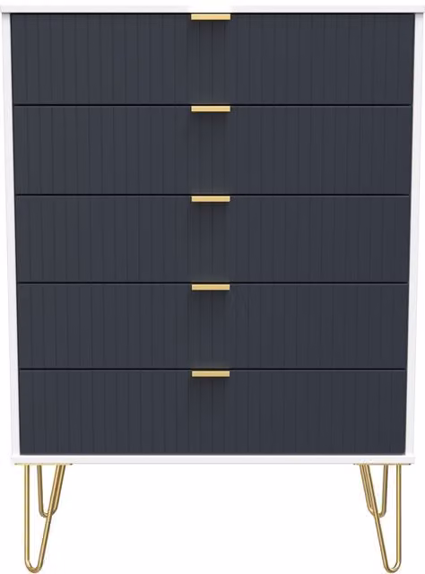 Ready Assembled 2 U Bexley 5 Drawer Chest in Dark Blue and Gold