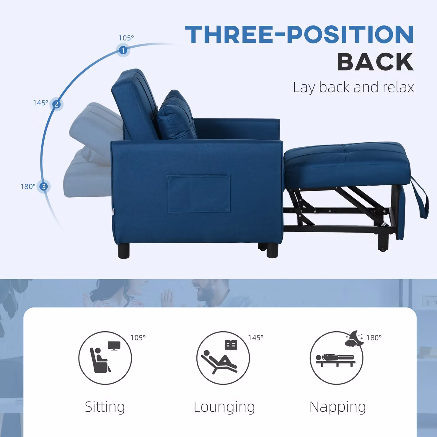 HOMCOM Blue Folding Chair Bed with Pillow and Side Pockets – 5