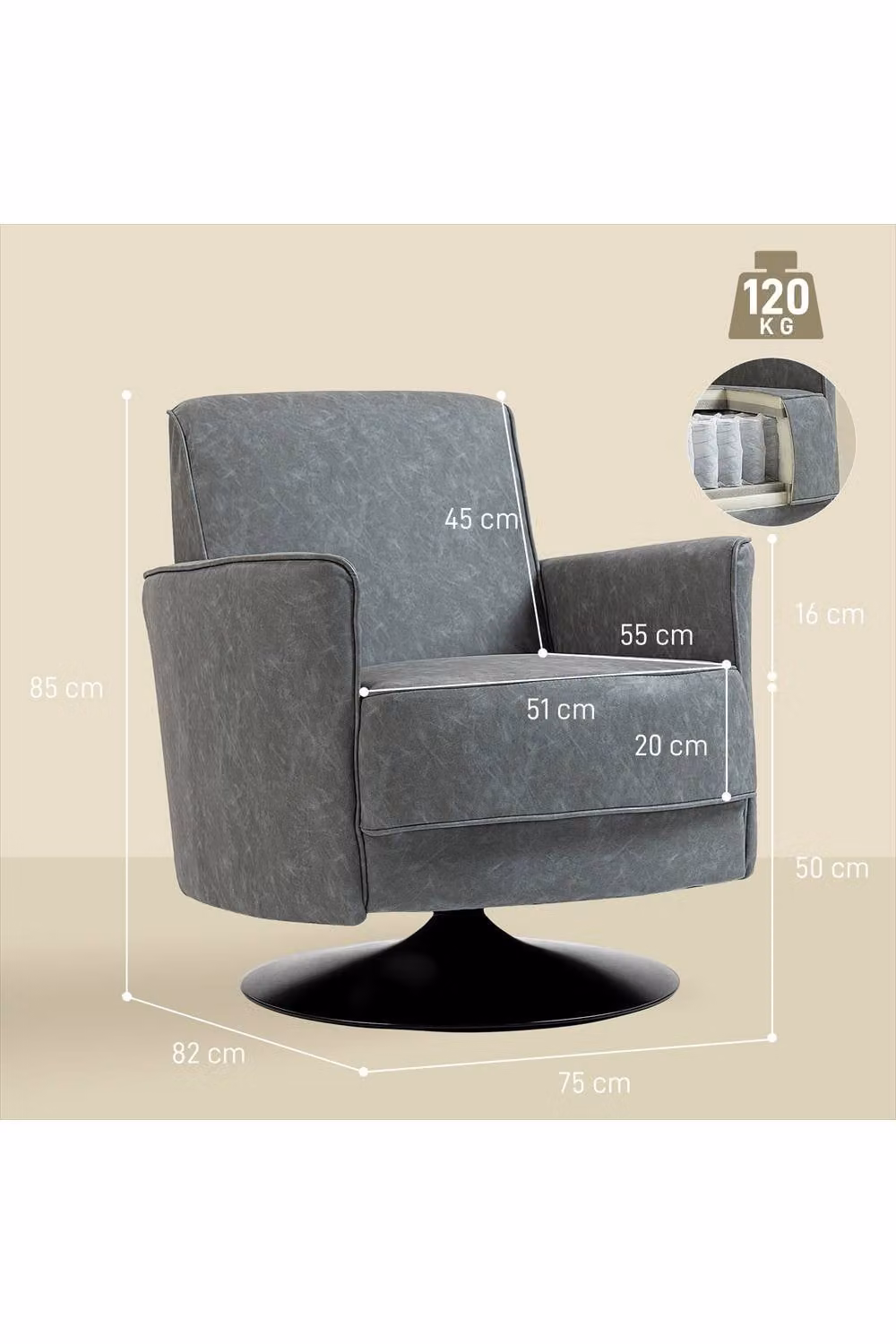 ERGOVEXA Grey Upholstered 360 Degree Swivel Tub Accent Chair with Armrests – 2