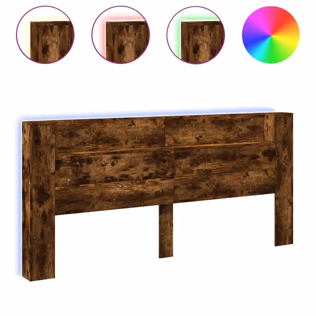 Berkfield Home Headboard Cabinet in Smoked Oak Brown with LED Lighting and USB Charging Port, W: 220 cm, D: 16.5 cm, H: 103.5 cm – 2
