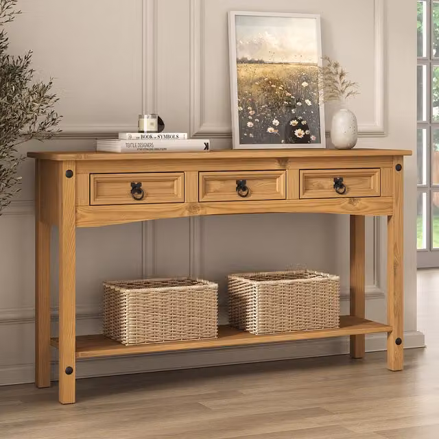 Mews Corona 3 Drawer Console Table in Brown Rustic Waxed Pine