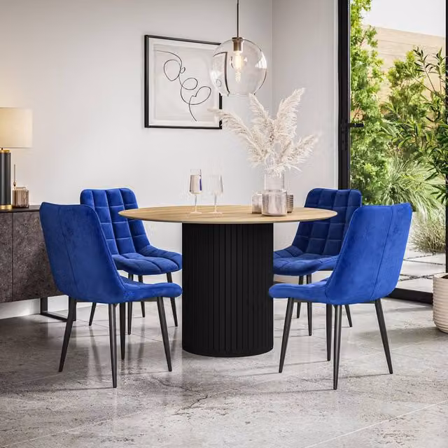 More4Homes Arlo Oak Round Dining Table with Black Legs and 6 Blue Nova Velvet Dining Chairs Set