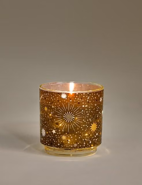 M&S Frankincense & Myrrh Refillable Light Up Geometric Glass Candle in Gold and Multicolour