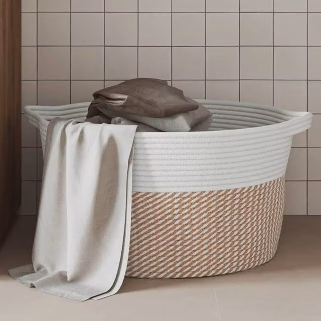 Berkfield Open Weave Cotton Storage Basket in Brown and White, W: 40 cm, D: 25 cm, H: 25 cm – 1