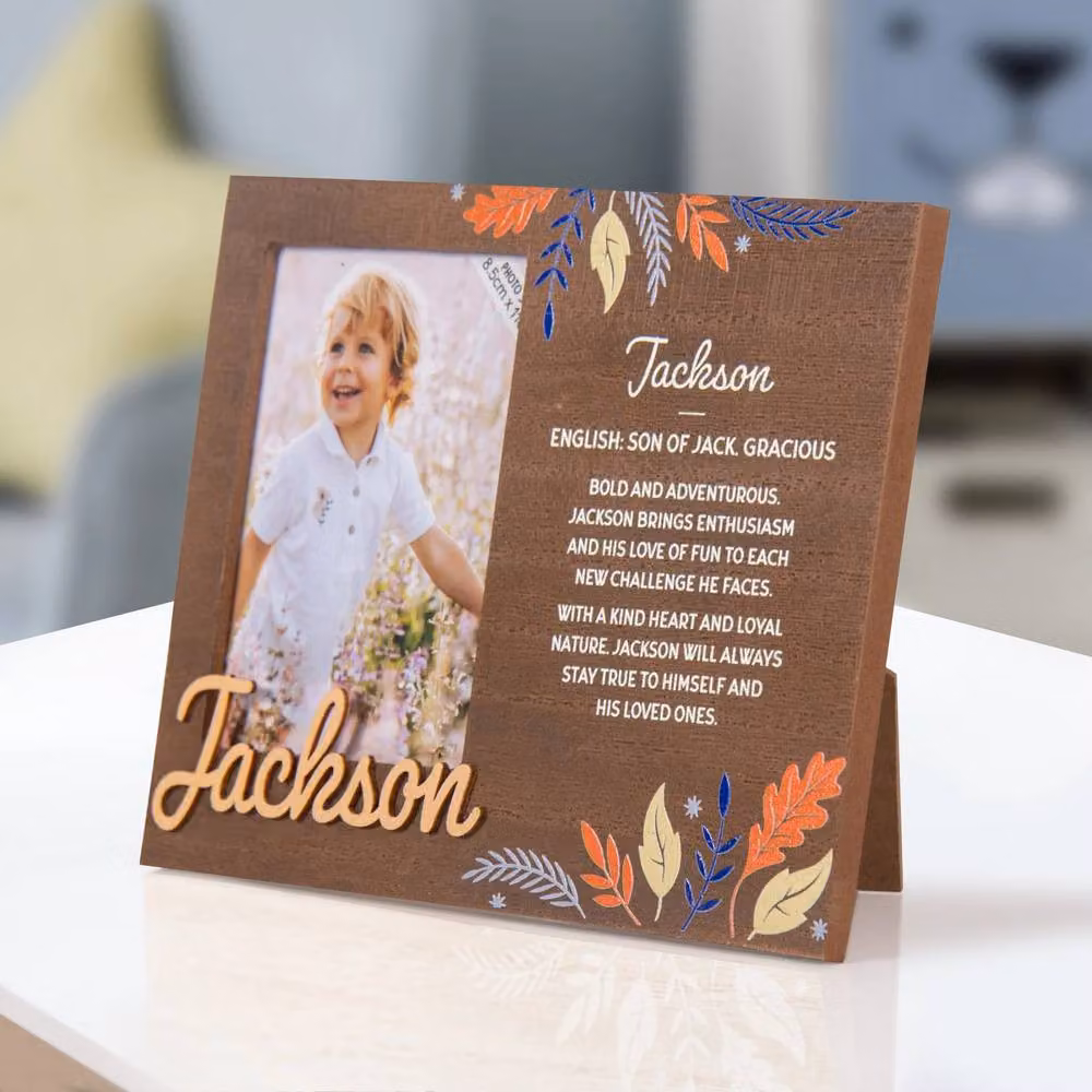 History & Heraldry Jackson Pre-personalised Child's Single Picture Frame, Brown Wood, Floral Design – 2