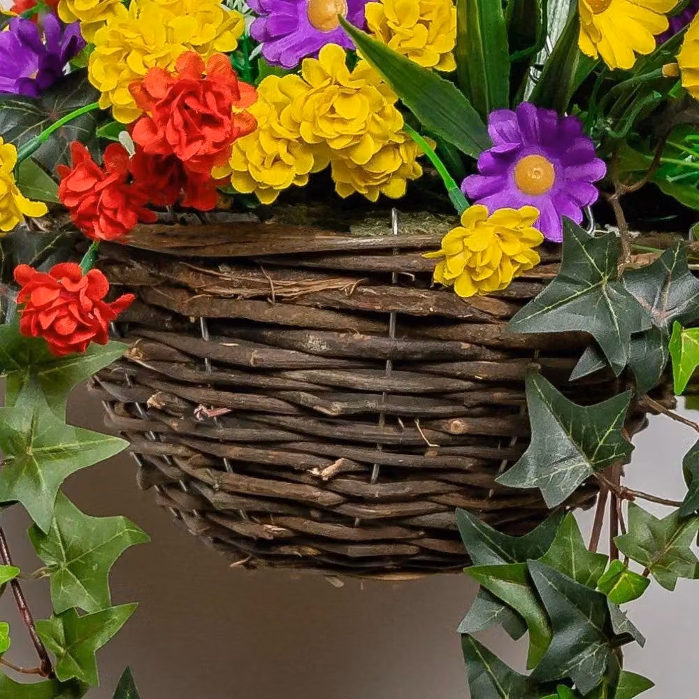 Primrose Artificial Wildflower Mixed Floral Hanging Basket in Rattan, Purple, Yellow and Orange, Diameter: 25 cm – 4