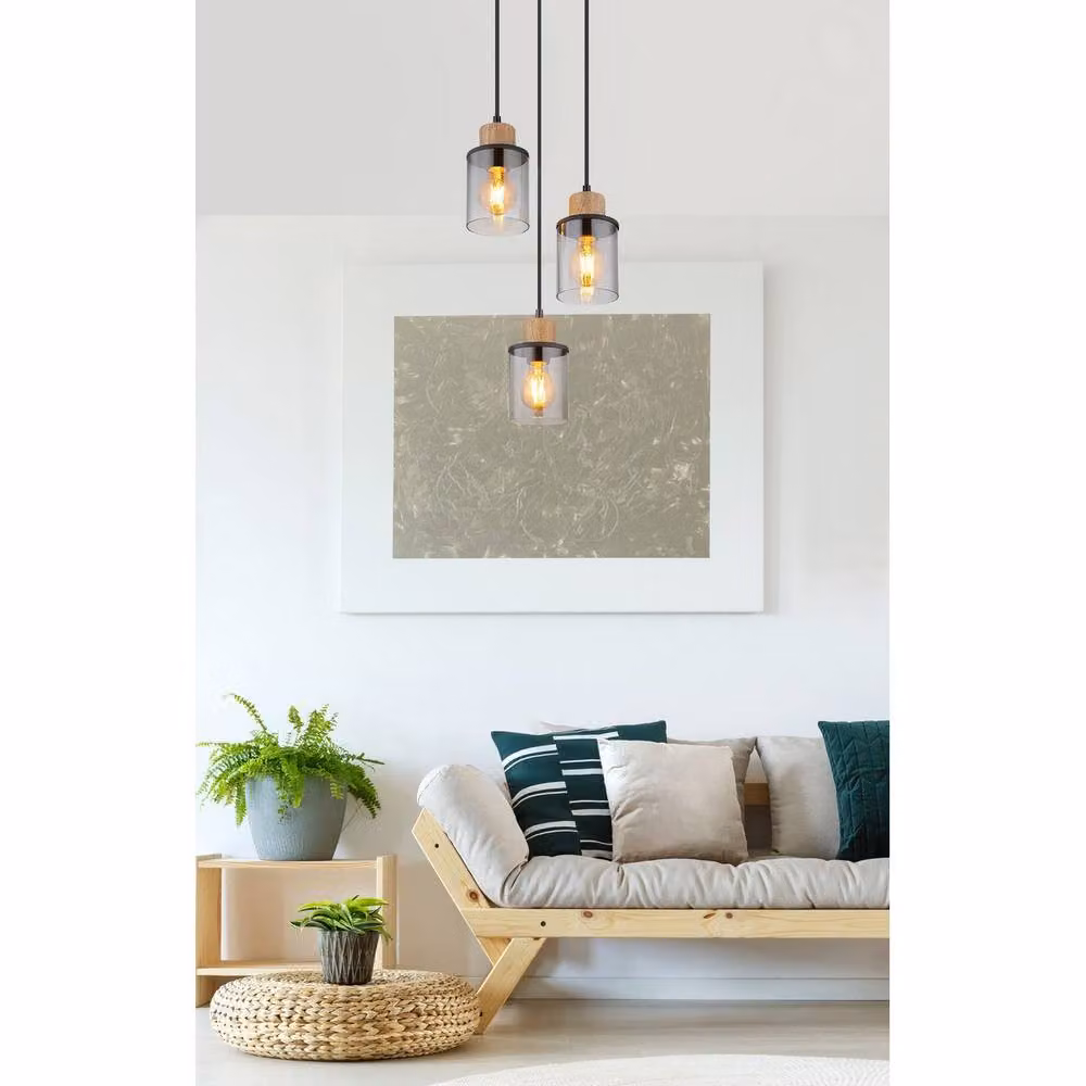Netlighting Reid Cluster Pendant Ceiling Light in Matt Black with Smoke Glass Shades, 3x E27, Height Adjustable – 2