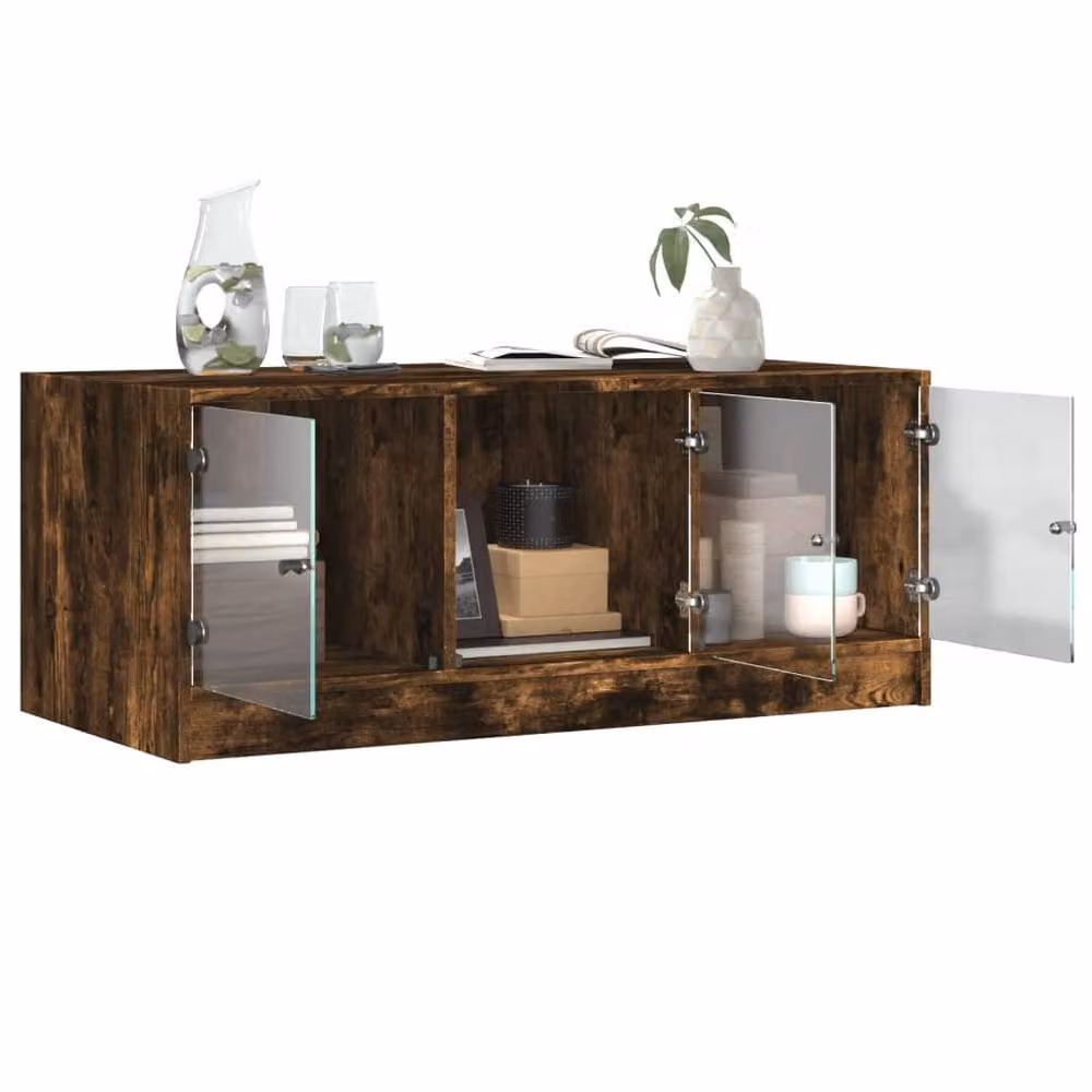 Berkfield Home Coffee Table with Glass Doors in Smoked Oak Brown, W/D/H: 102 x 50 x 42 cm – 3