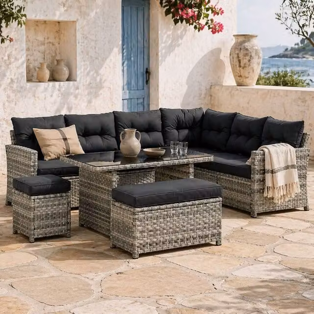 Wyld Haus Sakale 9 Seater Garden Sofa Set in Mixed Grey Rattan with Glass Coffee Table