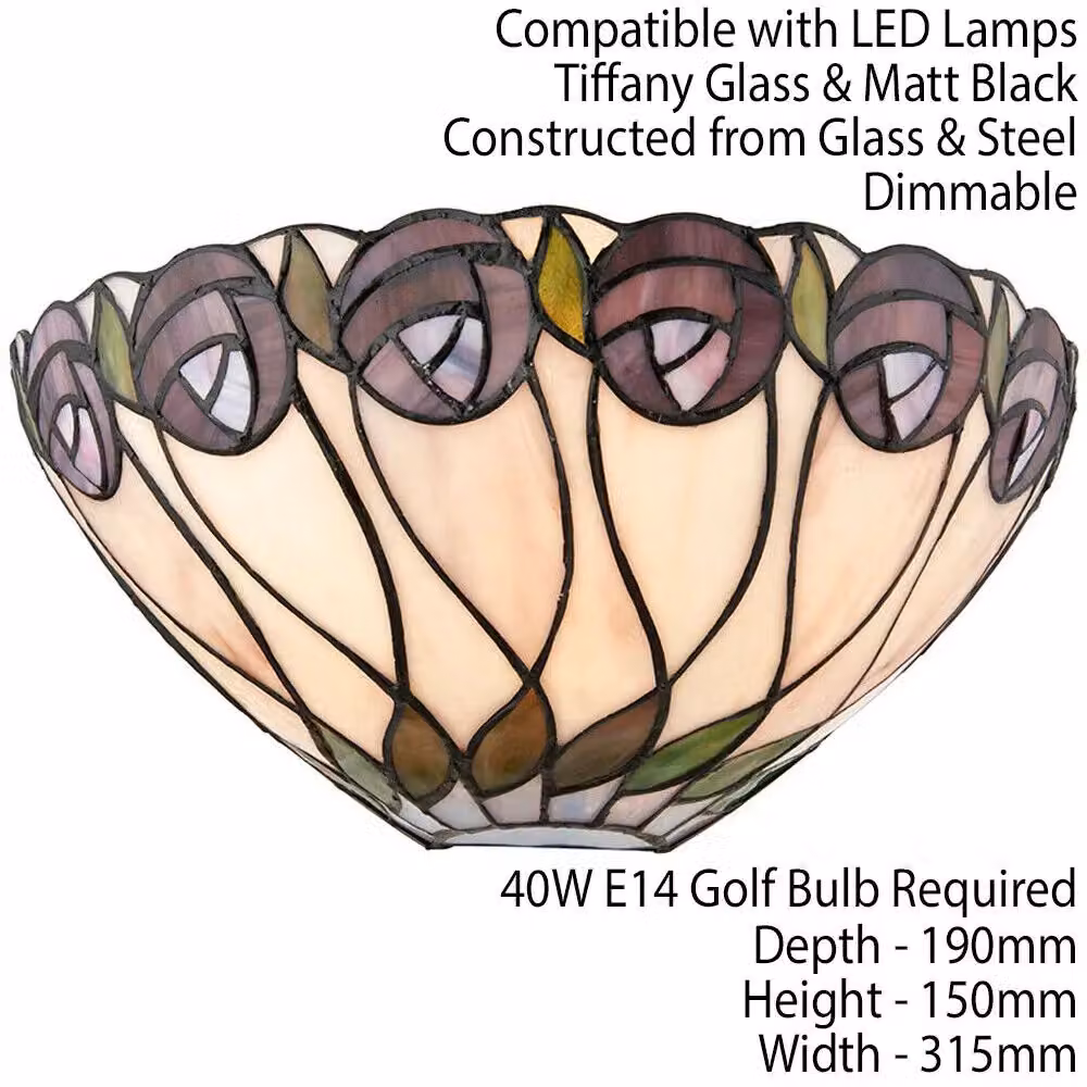 Loops Tiffany Art Nouveau Glass Wall Light with Mackintosh Rose Shade in Multicolour and Black – 2