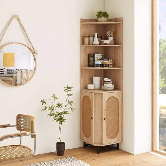 FORGEVIO Brown PE Rattan Corner Cabinet with Hinged Doors and Internal Shelves – 1