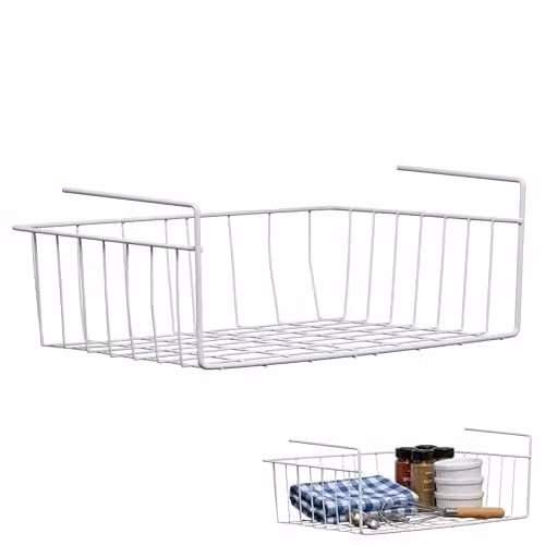 Orsina White Mesh Under Shelf Hanging Storage Basket, Metal Wire Organizer for Kitchen, Living Room or Bathroom, W: 39 cm x D: 26 cm x H: 14 cm