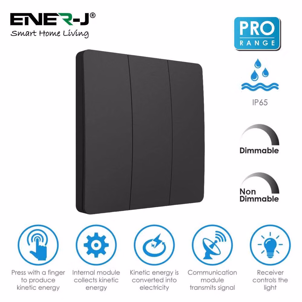ENER-J Wireless Kinetic 3 Gang Light Switch with 3 Receivers, 500W, Black – 2