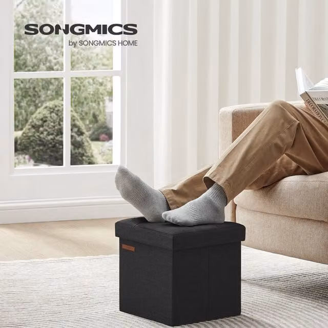 SONGMICS Foldable Storage Ottoman Footstool in Black