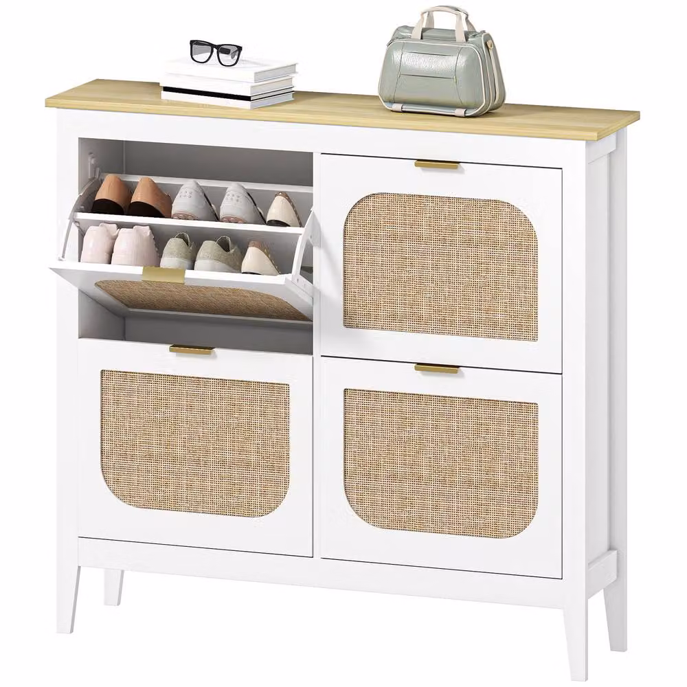 STILVORA White Rattan Shoe Cabinet with 4 Tilting Compartments and Internal Shelves – 2