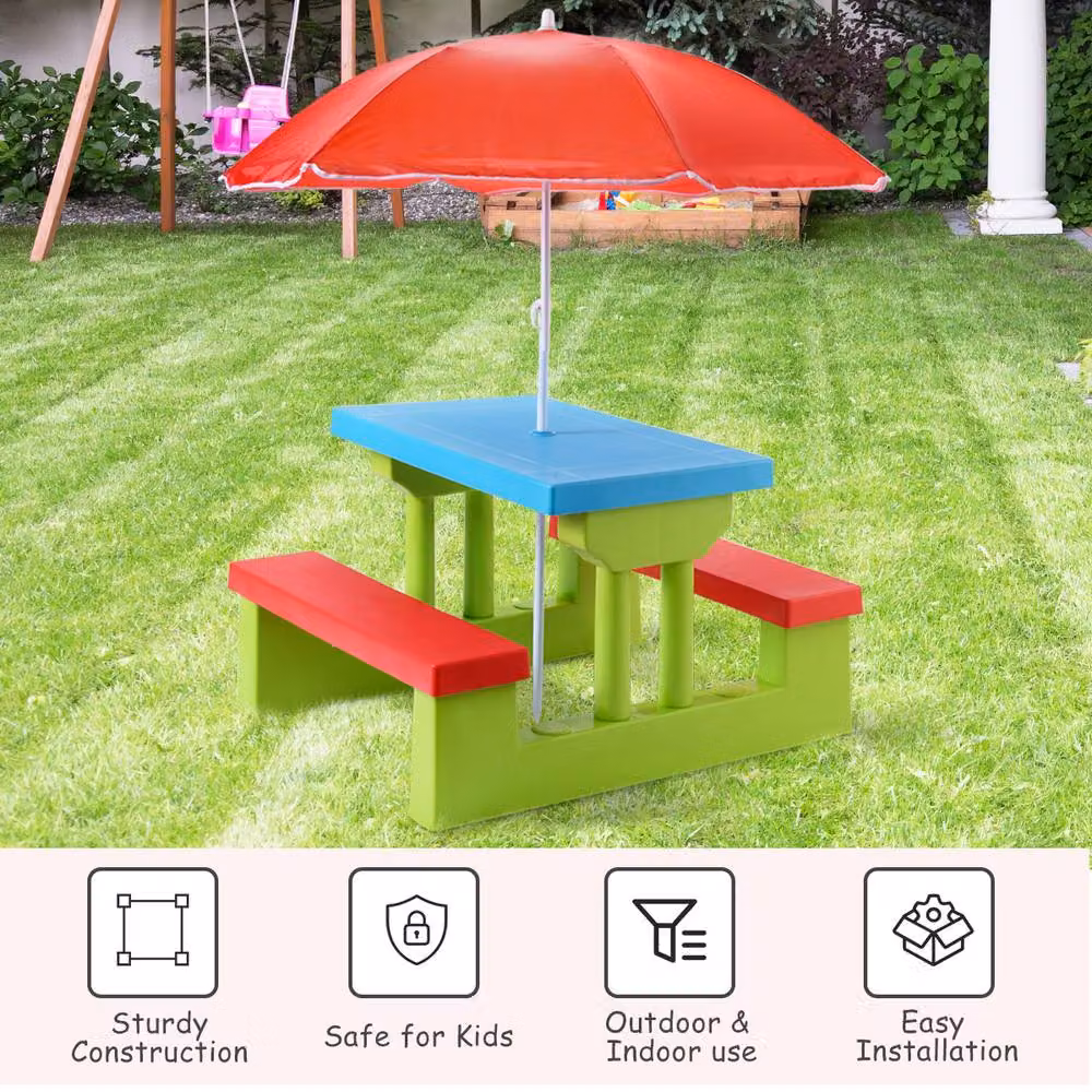 Costway Kids Picnic Table and Bench Set with Removable Umbrella in Multicolour – 3
