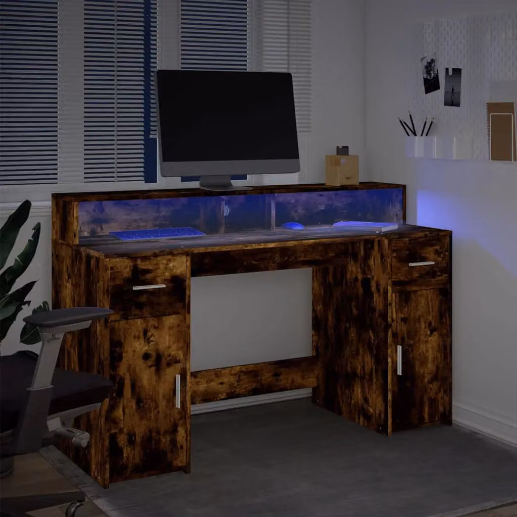 Berkfield Home Gaming Desk with LED Lights in Smoked Oak Brown, W/D/H: 140 x 55 x 91 cm – 5