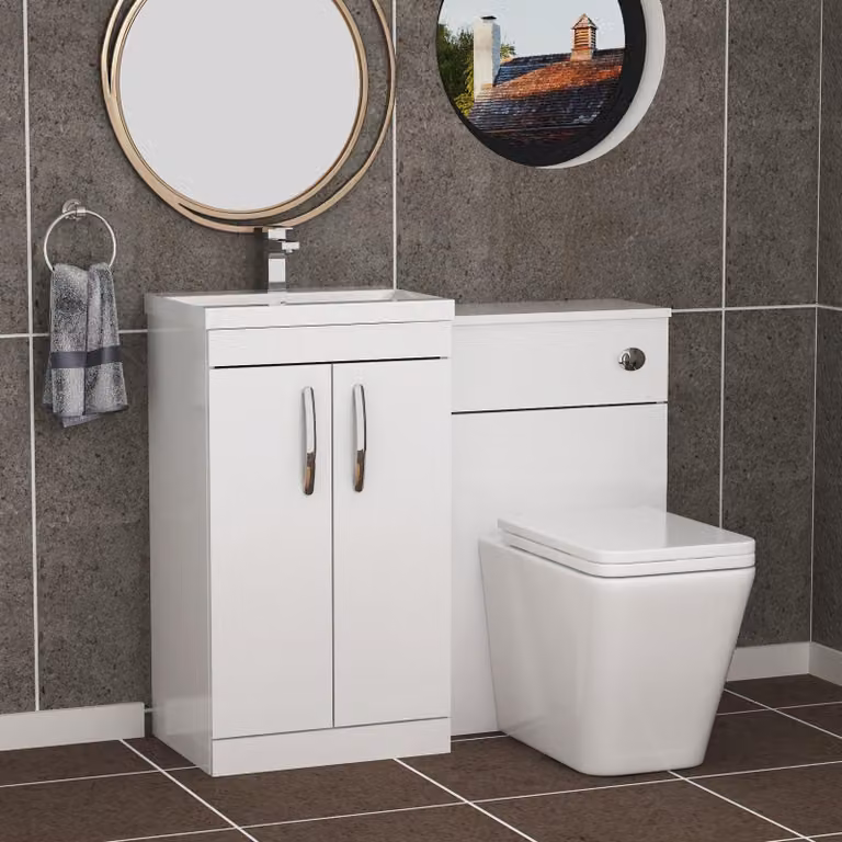 Royal Bathrooms Gloss White 1000mm 2 Door Vanity Unit with Mid Edge Basin and Slim Elena Back to Wall Toilet