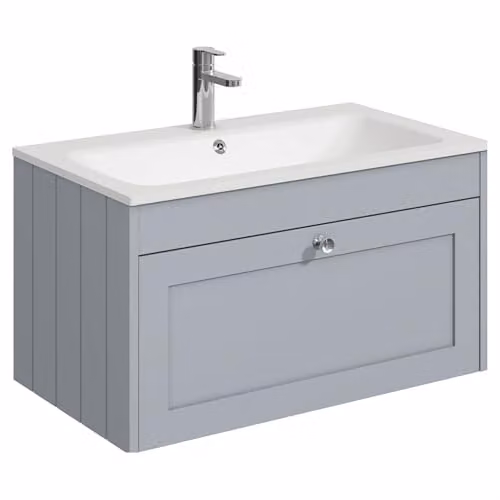 Balterley Wall Hung Grey Bathroom Vanity Unit with Rectangular Basin and Soft Close Single Drawer, W: 80 cm, D: 45.3 cm, H: 43.1 cm