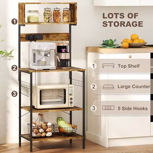 HOMCOM Kitchen Storage Rack with Power Outlet, Rustic Brown and Black, W: 60 cm, D: 42 cm, H: 153 cm – 5