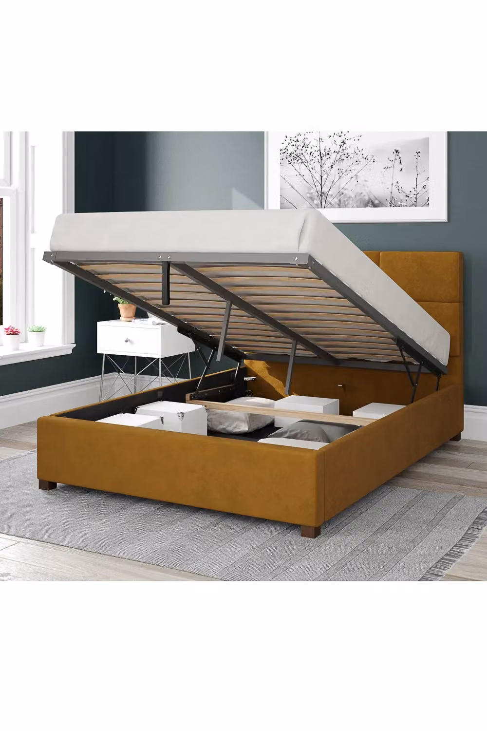 Aspire Caine Upholstered Ottoman Storage Bed in Mustard Yellow Velvet, Super King, 200 x 200 cm – 2