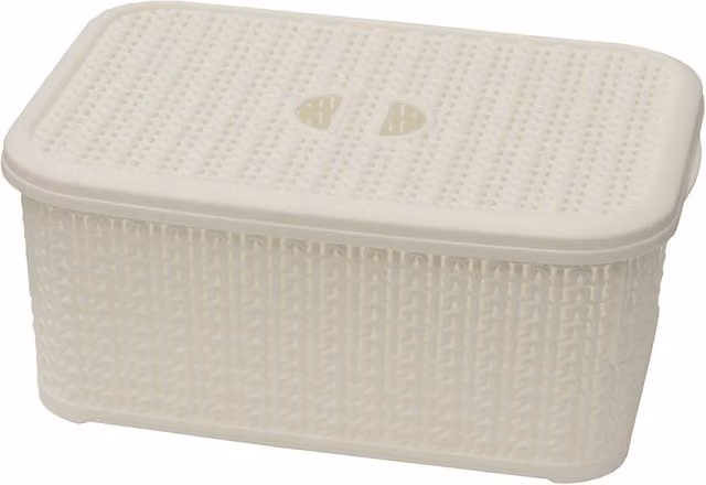 JVL Knit Design Loop Plastic Lidded Rectangular Storage Basket with Handles, White, 6L