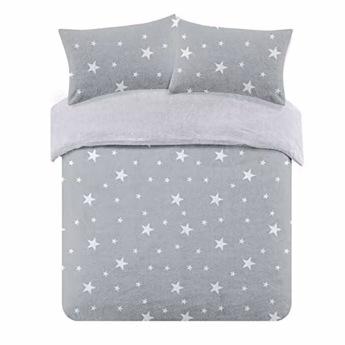 Dreamscene Star Teddy Fleece Duvet Cover and Pillowcase Set, Silver Grey White, W/D/H: 220 x 180 x 220 cm