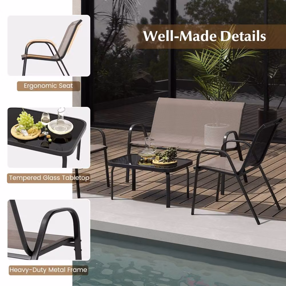 Costway 4-Piece Grey Outdoor Patio Furniture Set with Metal Frame, 2-Seater Sofa, Armchair and Coffee Table – 7