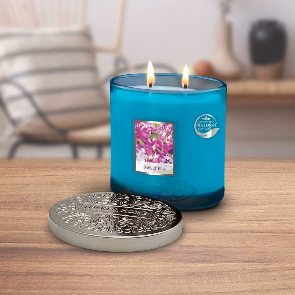 Heart & Home Twin Wick Ellipse Soy Wax Candle, Sweet Pea, Blue/Turquoise – 3