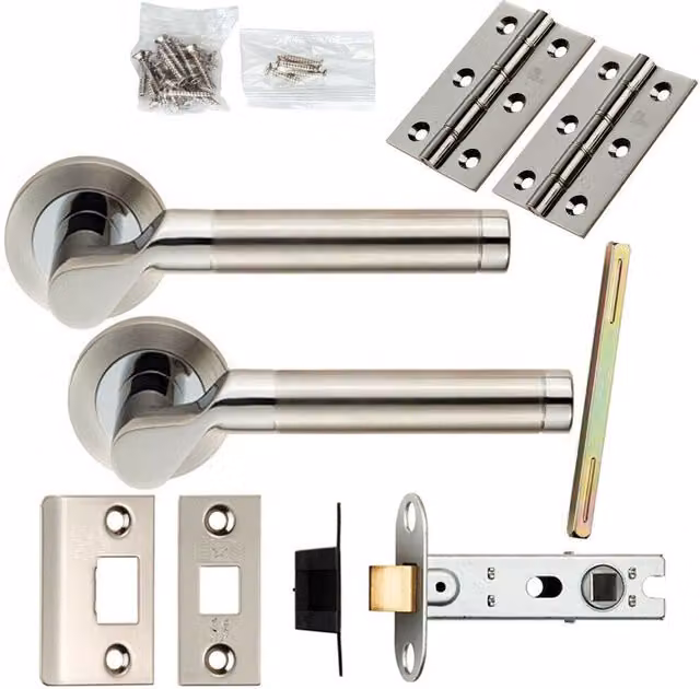 Loops Polished and Satin Steel Cranked Bar Screwless Rose Door Handle and Latch Pack in Silver