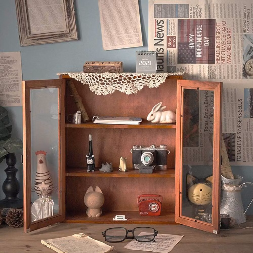 FLAVORA 3 Tier Small Wall Hanging Wood Display Storage Cabinet in Natural Sand Brown, W/D/H: 37 x 13 x 45 cm – 3