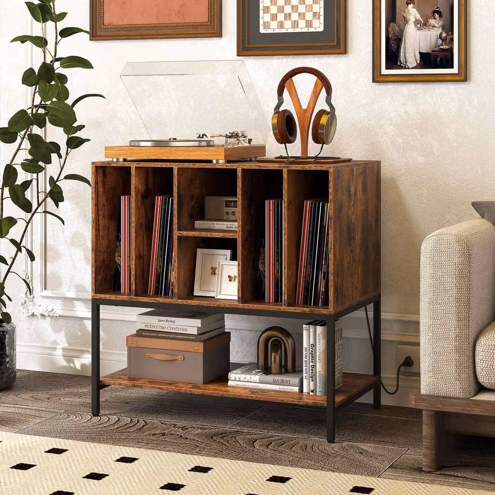 Kelvenix Industrial Record Player Stand and Turntable Table with Shelves in Brown – 3