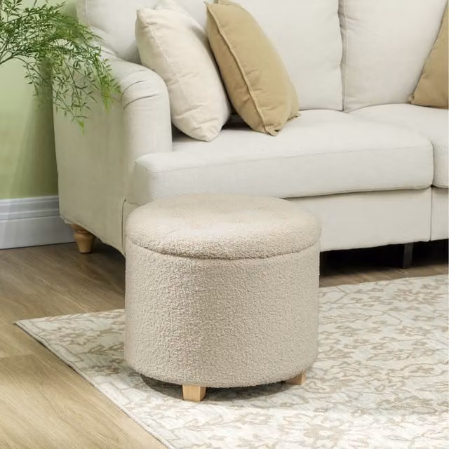 HOMCOM Round Bouclé Storage Ottoman Footstool in Beige/White, Diameter: 45 cm