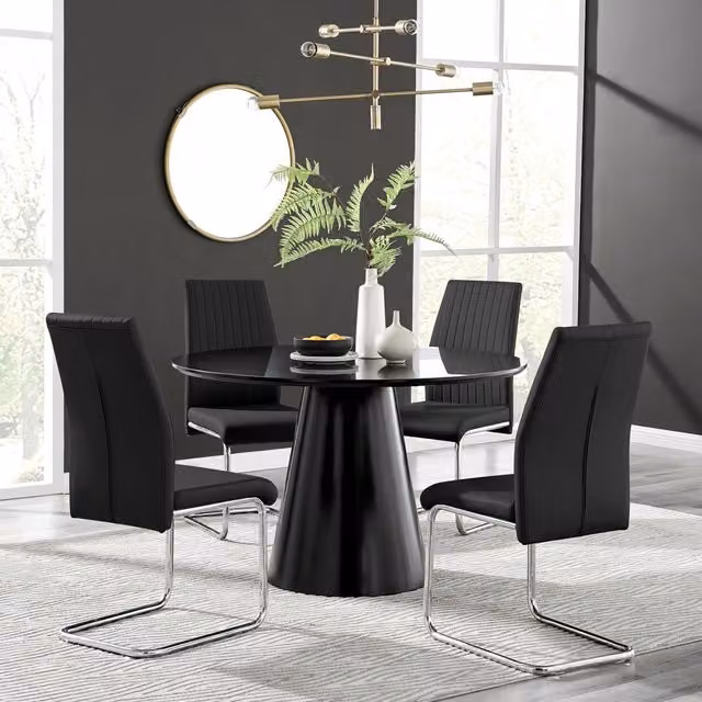 FurnitureboxUK Palma Black Semi Gloss Round Dining Table and 4 Lorenzo Chairs Set