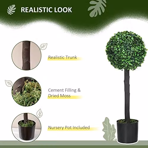 HOMCOM Set of 2 Green Artificial Boxwood Topiary Balls in Concrete Pots, W/D/H: 20 x 20 x 60 cm – 3