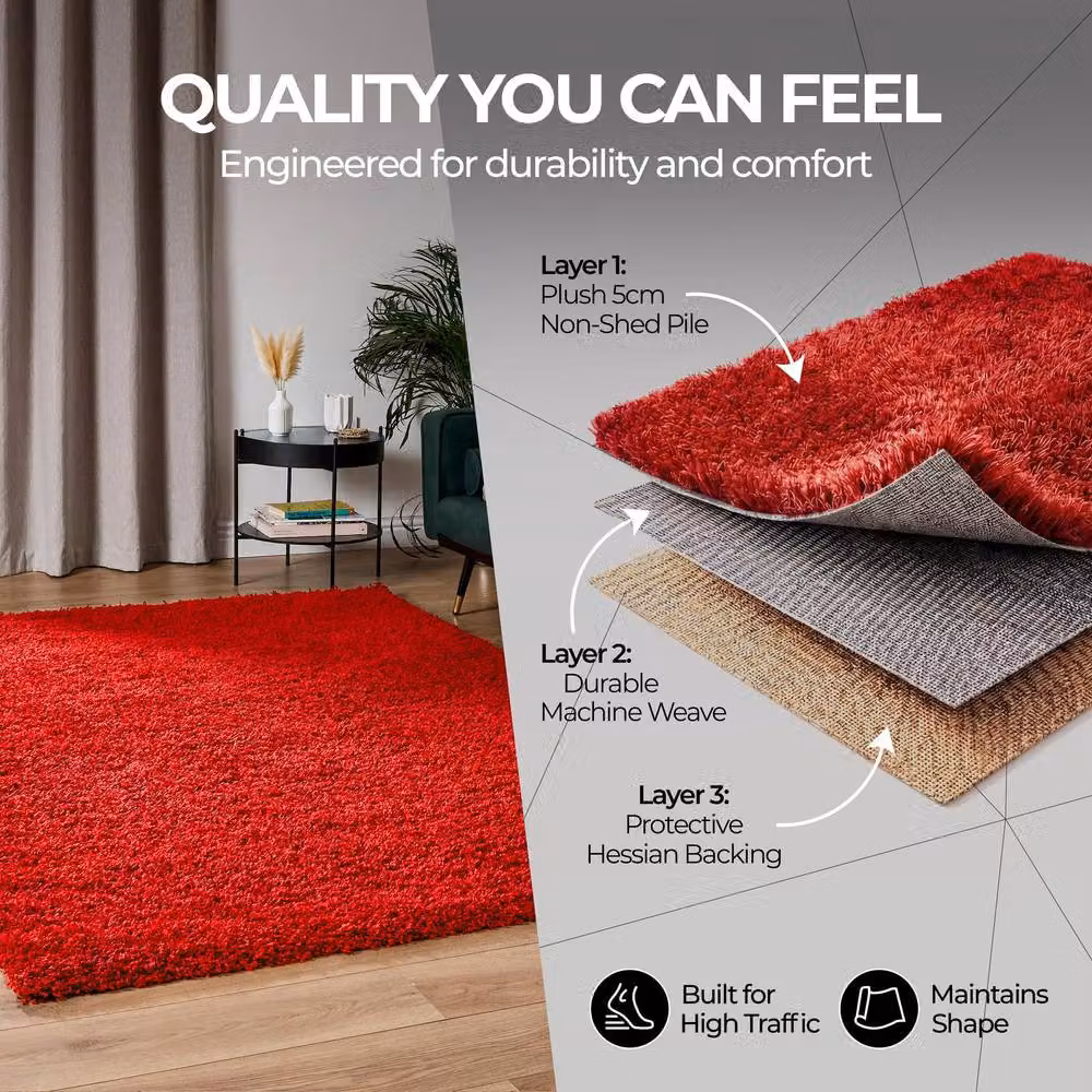 Bravich LTD Red Shaggy Area Rug, Soft Fluffy High Pile Rectangular Rug for Living Room or Bedroom, W: 160 cm, D: 230 cm – 5