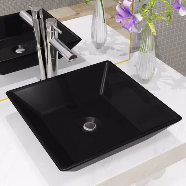 Berkfield Home Square Ceramic Basin in Black, W/D/H: 41.5 x 41.5 x 12 cm