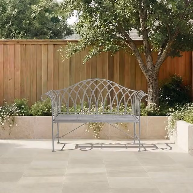Charles Bentley Decorative Wrought Iron Outdoor Rustic Bench in Grey