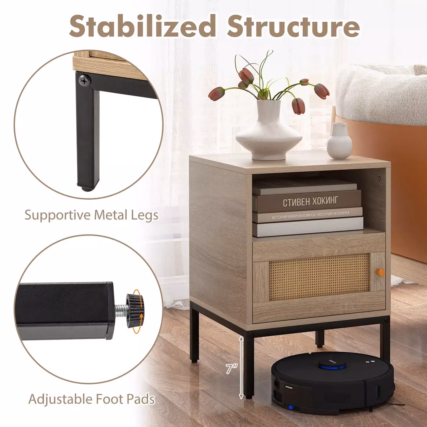 Costway Boho Style Rattan Bedside Table in Beige and Sand – 5