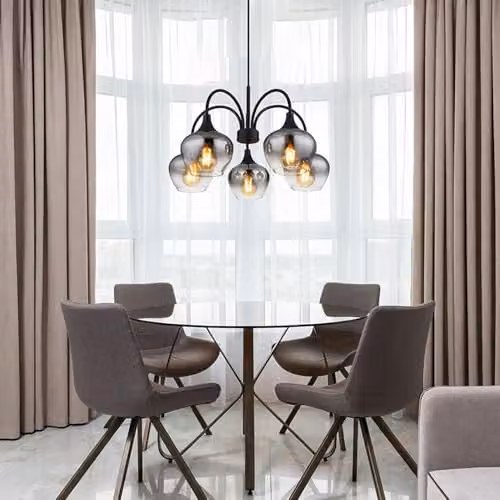 Netlighting Maxy Multi Arm Pendant Light with 5 Smoke Glass Spheres in Black – 5