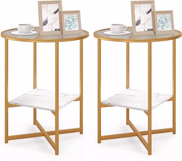 COSTWAY 2 Pack Round Glass Side Tables with Gold X-Frame Metal Legs in White and Gold