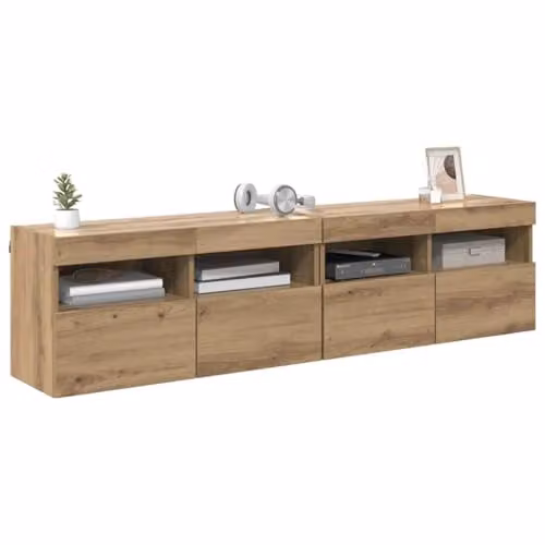 vidaXL Set of 2 Modern Wall-Mounted TV Cabinets in Brown Oak with Integrated Lighting and Internal Shelves
